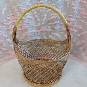 Vintage Round Woven Rattan Basket Wicker with Fixed Handle 13"H x 9"W